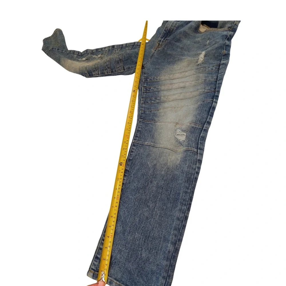 Southpole Mens Skinny Moto Jeans 40x32 Distressed Blue Denim Streetwear Pleated